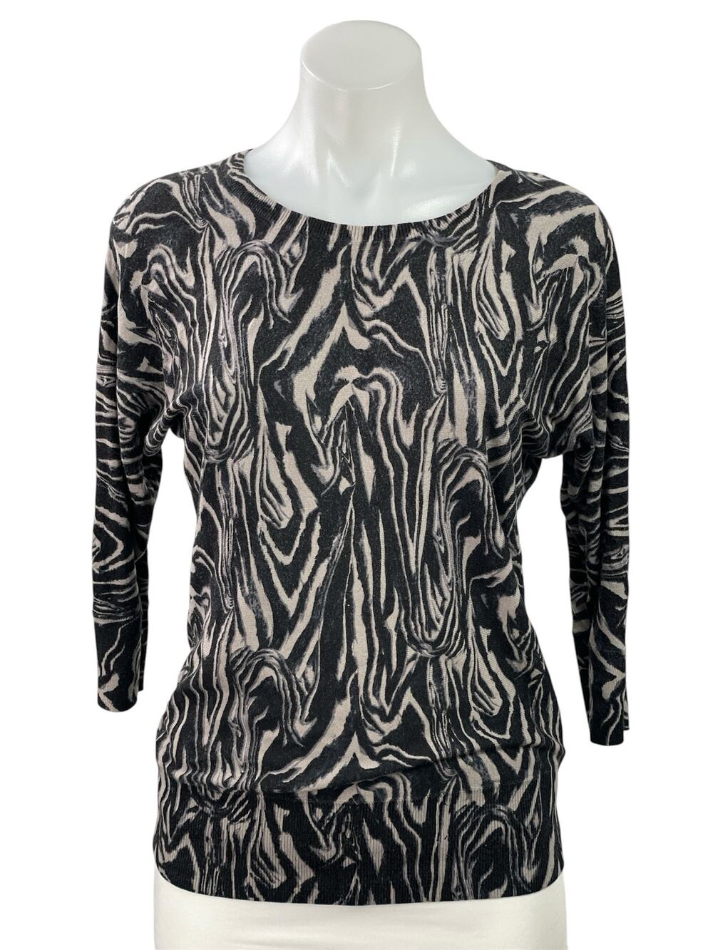 DKNY Women's Black Swirl Animal Print 3/4 Sleeve Round Neck Knit Top Size XS